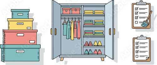 Illustration of a wardrobe with open doors, stacked boxes, and clipboards with checklists.