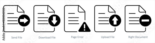 A set of 5 document icons as send file, download file, page error