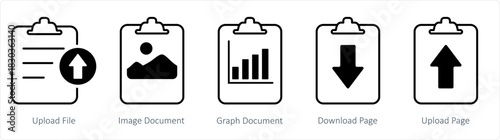 A set of 5 document icons as upload file, image document, graph document
