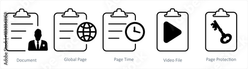 A set of 5 document icons as document, global page, page time, video file