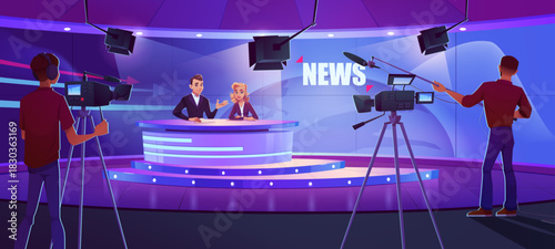 Tv presenters broadcasting news in modern studio
