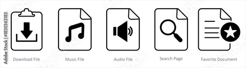 A set of 5 document icons as download file, music file, audio file
