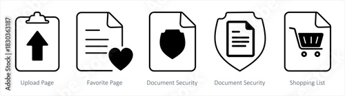 A set of 5 document icons as upload page, favorite page, document security