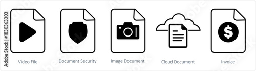A set of 5 document icons as video file, document security, image document
