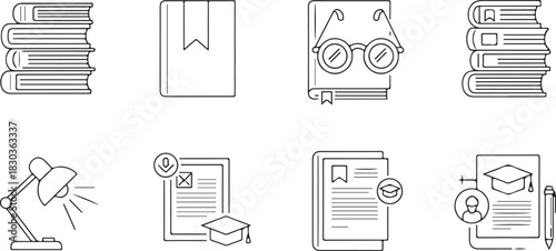 Collection of education-related icons: books, lamp, glasses, graduation cap, and documents in outline style.