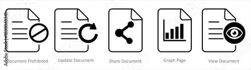 A set of 5 document icons as document prohibited, update document, share document