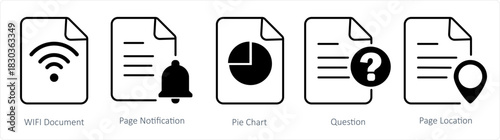 A set of 5 document icons as wifi document, page notification, pie chart