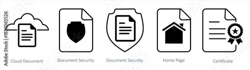A set of 5 document icons as cloud document, document security, home page