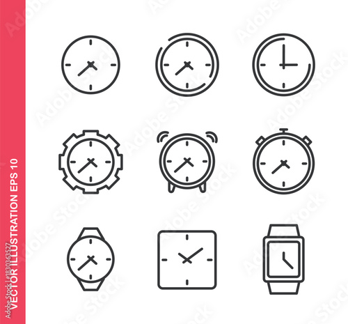 Set of line icons related to clock. Outline icons collection. Editable stroke. Vector illustration