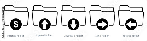 A set of 5 document icons as finance folder, upload folder, download folder
