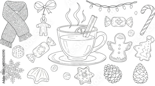 Collection of festive winter holiday elements, including warm beverage, scarf, and ornaments.