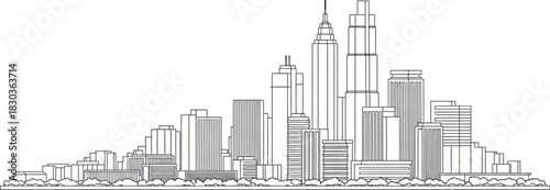 Minimalist urban skyline line art illustration with towering skyscrapers and city buildings on a clear white background Vector