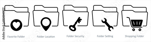 A set of 5 document icons as favorite folder, folder location, folder security