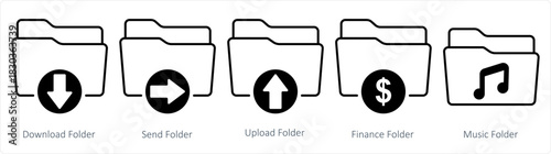 A set of 5 document icons as download folder, send folder, upload folder