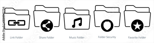 A set of 5 document icons as link folder, share folder, music folder