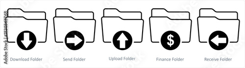 A set of 5 document icons as download folder, send folder, upload folder