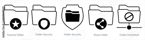 A set of 5 document icons as favorite folder, folder security, share folder