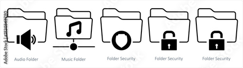 A set of 5 document icons as audio folder, music folder, folder security
