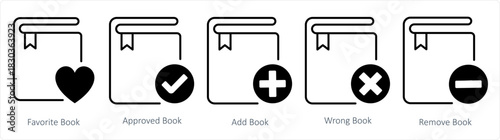 A set of 5 document icons as favorite book, approved book, add book