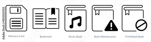 A set of 5 document icons as memory card, book, music book, book maintenance
