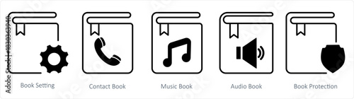 A set of 5 document icons as book setting, contact book, music book