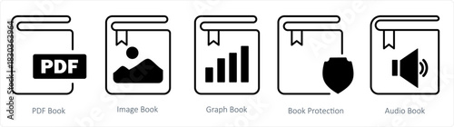 A set of 5 document icons as pdf book, image book, graph book
