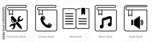 A set of 5 document icons as instruction book, contact, bookmark