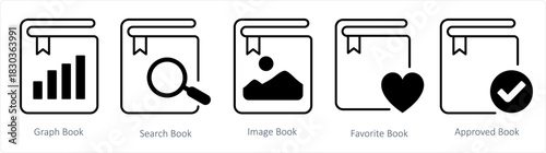 A set of 5 document icons as graph book, search book, image book