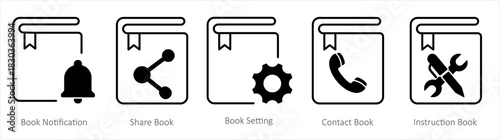 A set of 5 document icons as book notification, share book, book setting