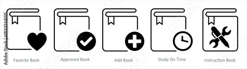A set of 5 document icons as favorite book, approved book, add book