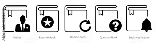 A set of 5 document icons as author, favorite book, update book