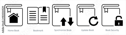 A set of 5 document icons as home book, bookmark, synchronize book