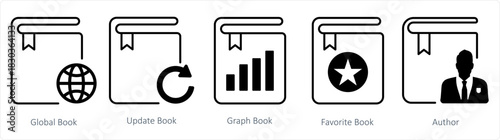 A set of 5 document icons as global book, update book, graph book