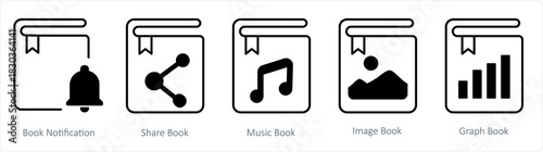 A set of 5 document icons as book notification, share book, music book