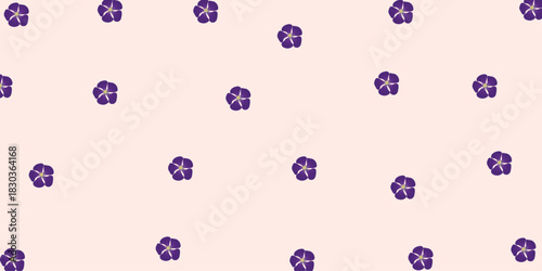 Purple Vinca Flower Seamless Botanical Pattern. Elegant seamless pattern featuring purple vinca flowers and foliage, ideal for textiles, stationery, wrapping paper, and digital backgrounds