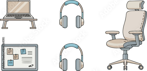 Illustration of a laptop on a stand, two headphones, an office chair, and a bulletin board with notes.