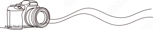 Continuous line drawing of a modern dslr camera with a flowing wave design, representing photography and artistic expression. Vector