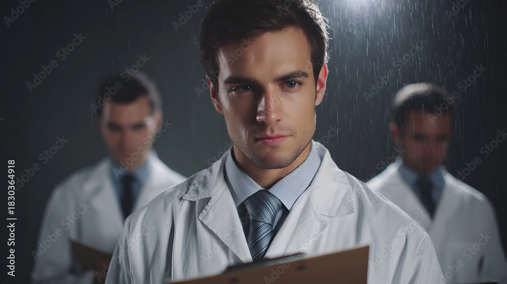 Naklejka premium Three serious scientists in white lab coats holding clipboards and looking intently forward amidst falling rain at twilight