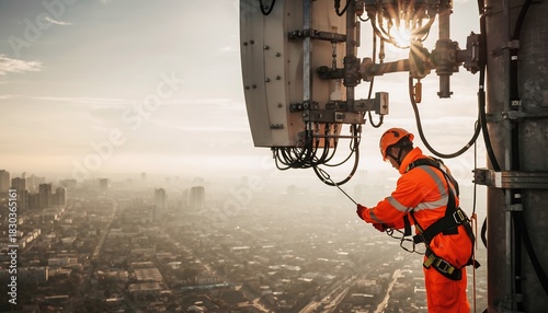 Telecommunication worker in safety gear installing equipment on a high-rise tower with a city skyline at sunset, concept for 5G network, urban connectivity and infrastructure development.