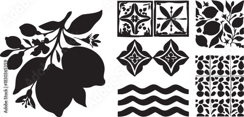 Black and white lemon vector graphics: tile patterns, floral designs, and wave elements eps silhouette