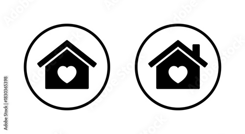 Home love icon in circular outline. House with heart symbol. Family care and warm home sign