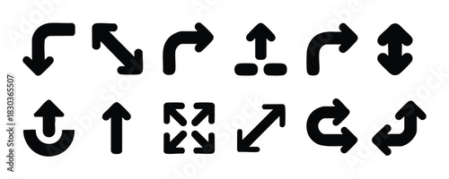 Black Directional Arrow Icon Set, Collection of Curved, Straight, and Movement Arrow Symbols, Vector Glyphs: Navigation and Control Arrows, Various Arrow Icons, Arrow Symbols Set.