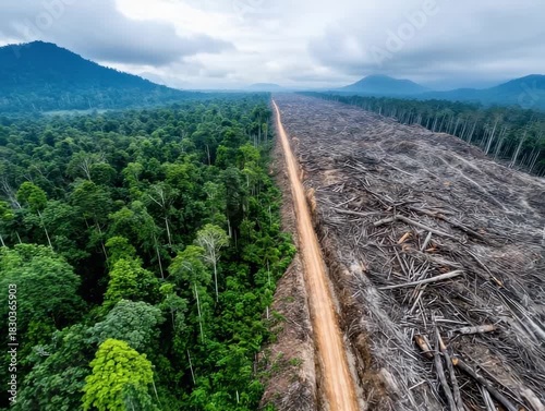Large area of forest cleared with dirt road in the center showing deforestation impact