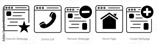 A set of 5 internet icons as favorite webpage, online call, remove webpage