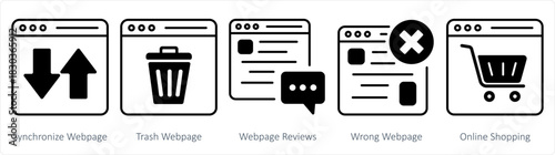 A set of 5 internet icons as synchronize webpage, trash webpage, webpage reviews