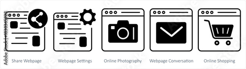 A set of 5 internet icons as share webpage, webpage settings, online photography