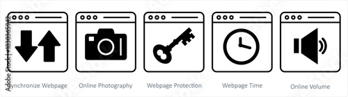 A set of 5 internet icons as synchronize webpage, online photography, webpage protection