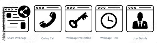 A set of 5 internet icons as share webpage, online call, webpage protection