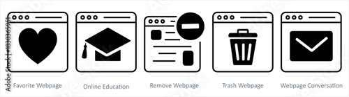A set of 5 internet icons as favorite webpage, online education, remove webpage