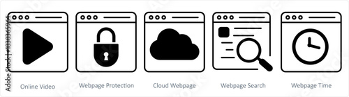 A set of 5 internet icons as online video, webpage protection, cloud webpage